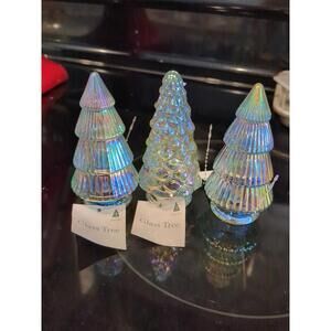 4-Inch Elegant Embossed Iridescent Blue Glass Christmas Tree Tabletop - 3 Trees